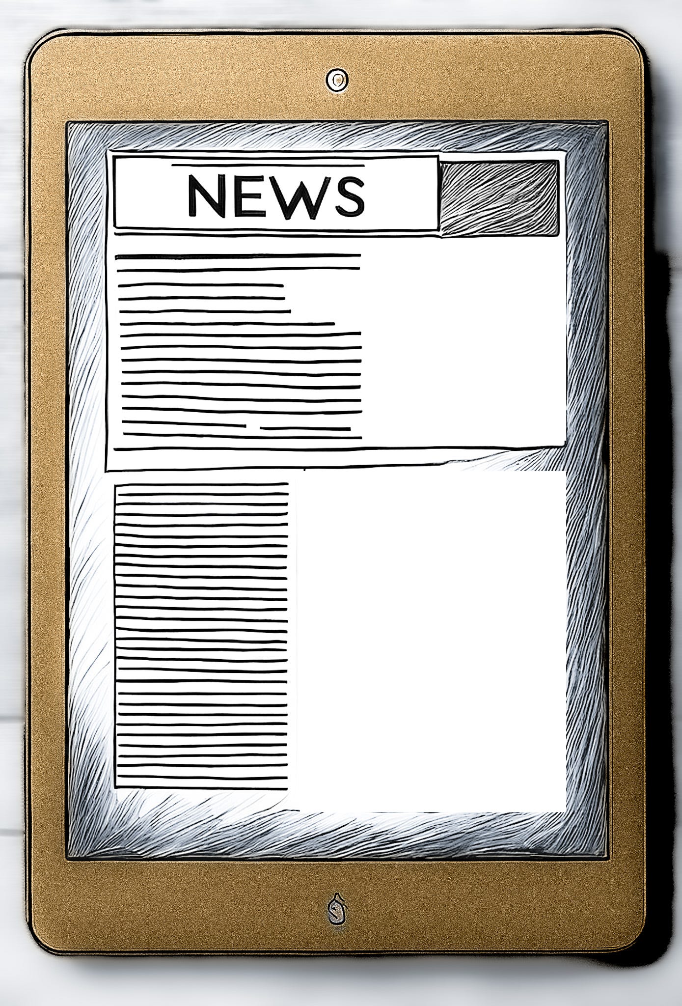 A pencil sketch of something like an iPad or other laptop device. On the screen, below the headline "NEWS," are a couple columns of text -- and also two large blank spaces containing nothing at all. A pencil sketch of something like an iPad or other laptop device. On the screen, below the headline "NEWS," are a couple columns of text -- and also two large blank spaces containing nothing at all.
