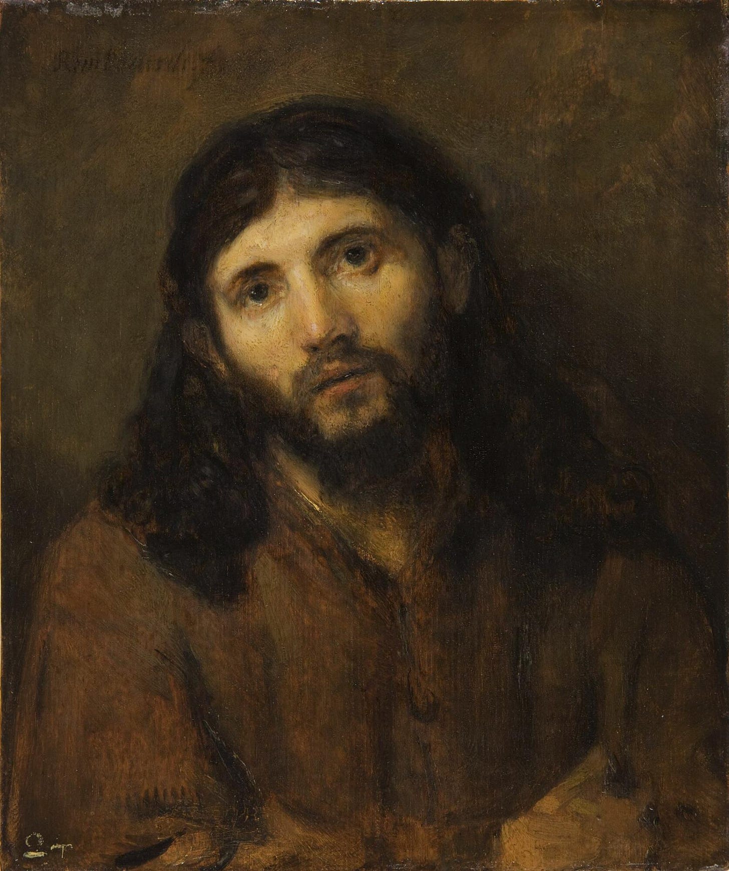 A small oil sketch of a young man's head against a dark brown ground: long brown hair parted in the middle, a short beard, eyes lowered, lit softly from the left. A small oil sketch of a young man's head against a dark brown ground: long brown hair parted in the middle, a short beard, eyes lowered, lit softly from the left.