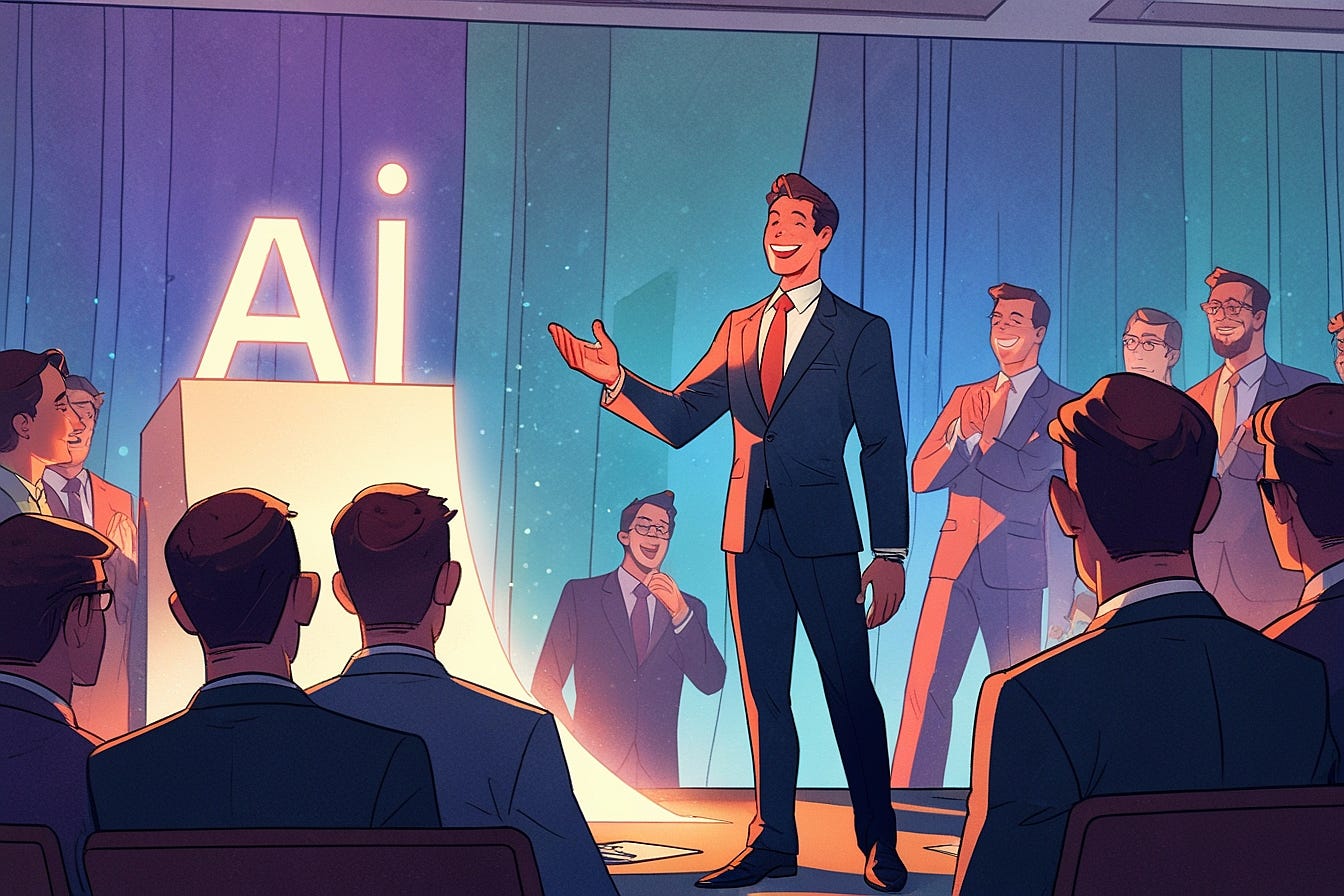 Executive presenting the letters AI on a podium in a crowd
