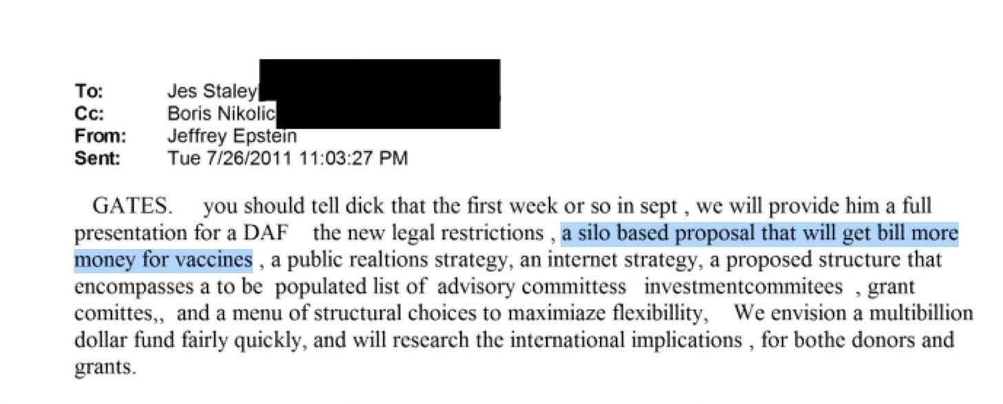 Epstein email: a silo based proposal that will get bill more money for vaccines Epstein email: a silo based proposal that will get bill more money for vaccines
