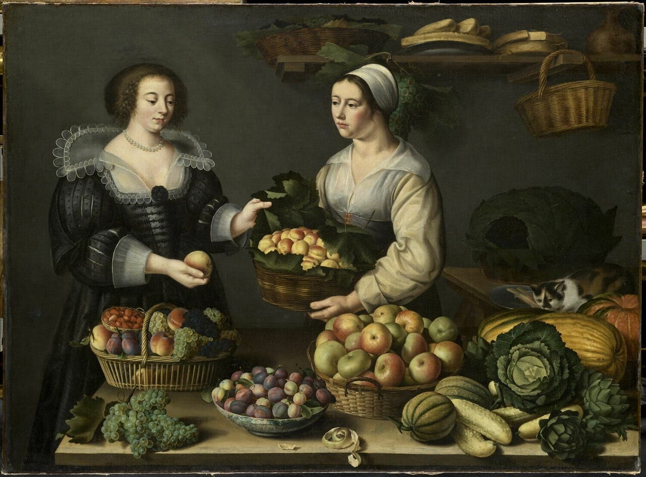 Two women facing each other across a table heaped with fruit and vegetables, with a cat behind the squashes, painted by Louise Moillon Two women facing each other across a table heaped with fruit and vegetables, with a cat behind the squashes, painted by Louise Moillon