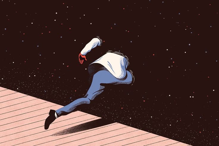 This may contain: a person jumping in the air on top of a wooden floor next to a star filled sky
