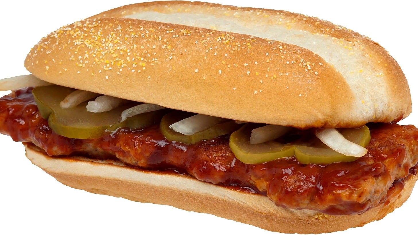 A McDonald's McRib sandwich. Image: Evan-Amos via Wikimedia Commons