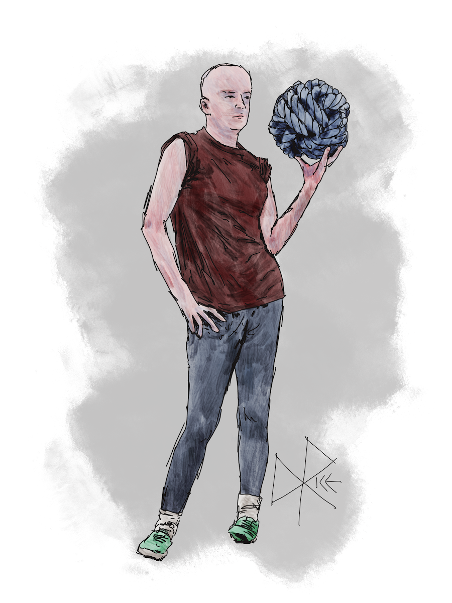 Standing with one hand on her hip and contemplating an overhead throw, an athletic woman with a shaved head uses her other hand to hold aloft a rope that has been formed into a spherical shape. Sketch art by Don Rice. Standing with one hand on her hip and contemplating an overhead throw, an athletic woman with a shaved head uses her other hand to hold aloft a rope that has been formed into a spherical shape. Sketch art by Don Rice.