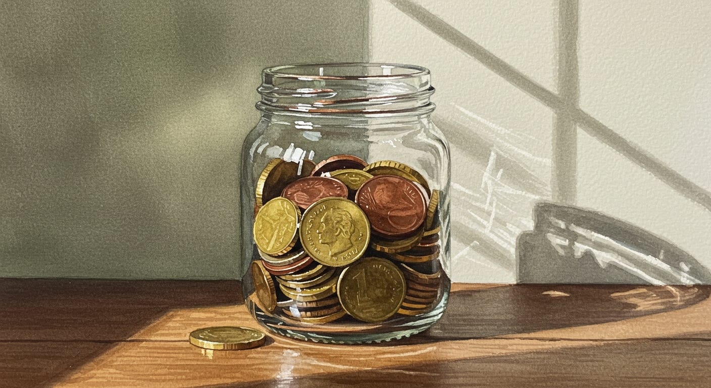 A clear glass jar filled with various denominations of coins is positioned on a light-colored wooden surface. Sunlight streams in from the side, casting a sharp shadow and highlighting the textures of the jar and the coins. One coin rests flat on the surface to the left of the jar.