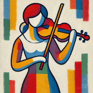 An abstract illustration of a woman playing the violin, characterized by bold, colorful geometric shapes.