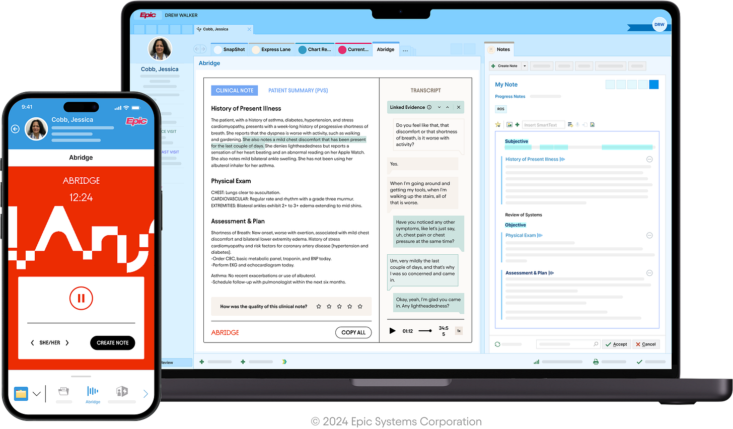 Screenshot showing Abridge’s AI medical scribe integrated with Epic’s clinical interface on phone and laptop, displaying patient notes and transcripts. Screenshot showing Abridge’s AI medical scribe integrated with Epic’s clinical interface on phone and laptop, displaying patient notes and transcripts.