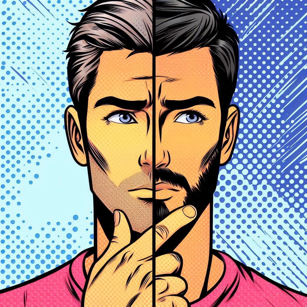 a man with short hair and a short beard chooses both at once, pop art