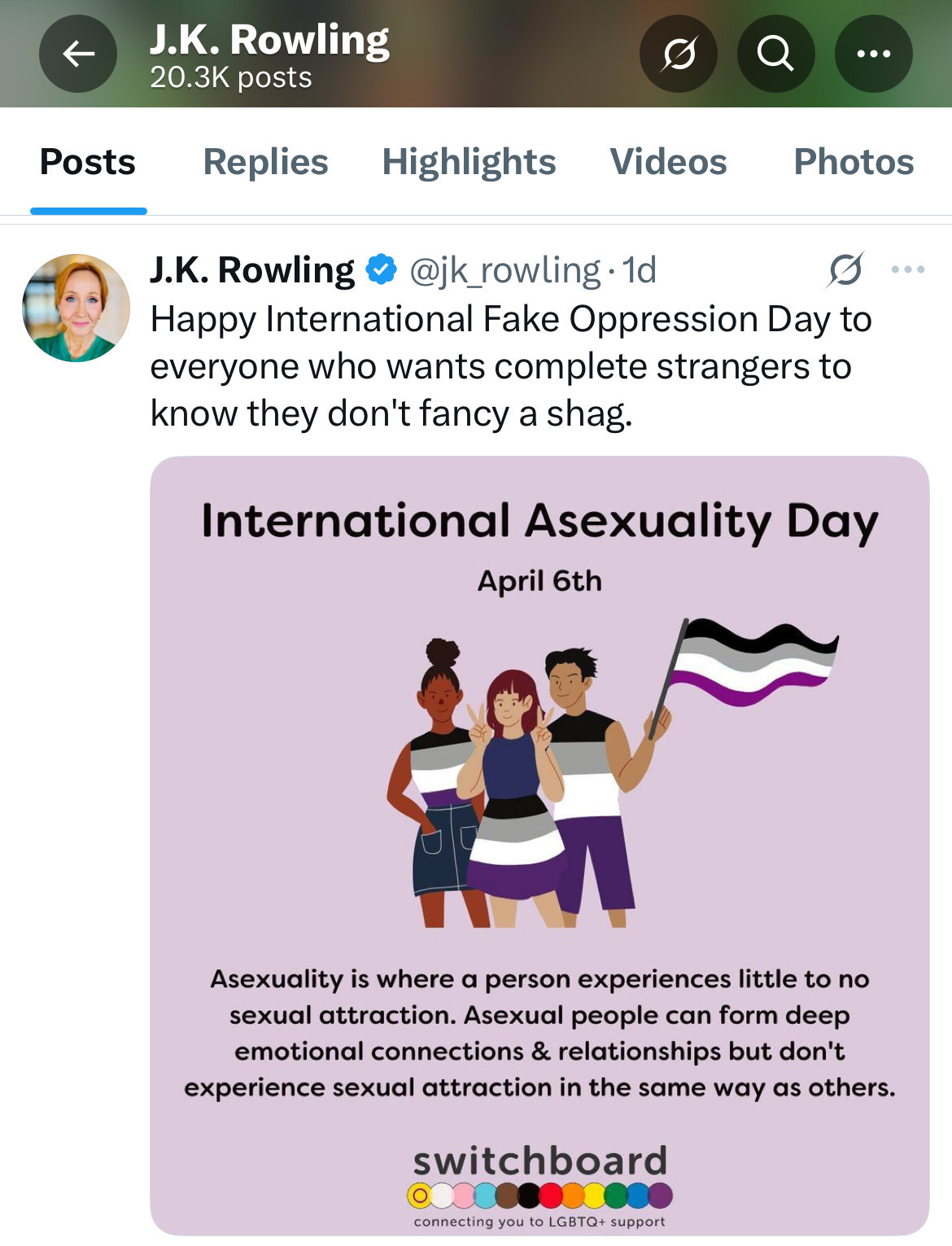 Screenshot of a tweet where JK Rowling attacks asexuality.