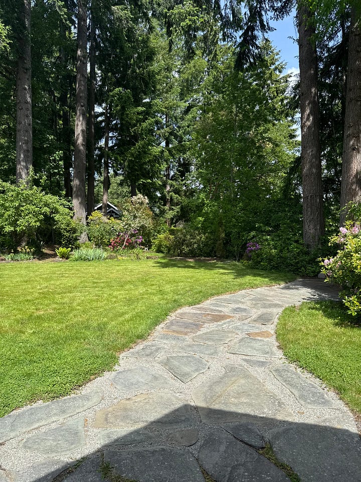 First image: a flagstone path overgrown with grass. Second image: The same flagstone path but all grass on top has been removed and gravel has been placed in between the flagstones.