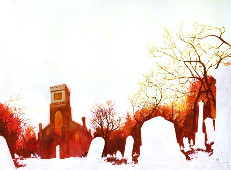 This may contain: a painting of an old cemetery in the snow