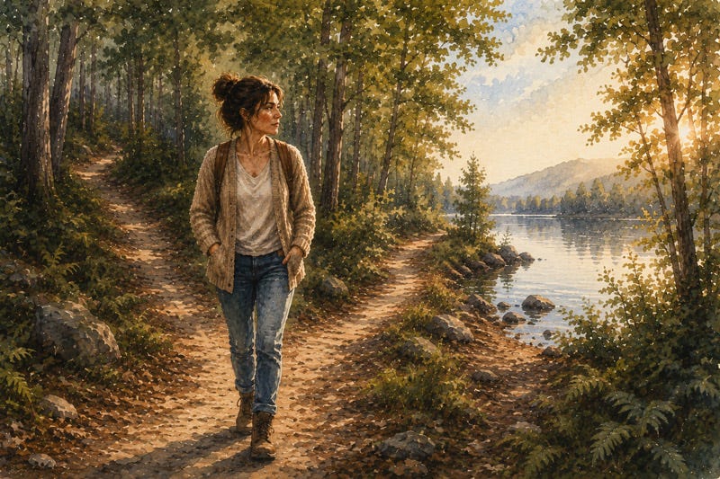 A thoughtful woman hiking through the forest while processing anxiety and learning to trust herself A thoughtful woman hiking through the forest while processing anxiety and learning to trust herself