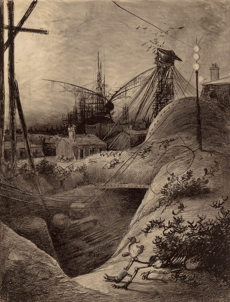 HENRIQUE ALVIM CORRÊA -Wrecked London, from The War of the Worlds, Belgium edition, 1906 (illustration from Book II - The Earth Under the Martians, Chapter VIII - "Dead London,")