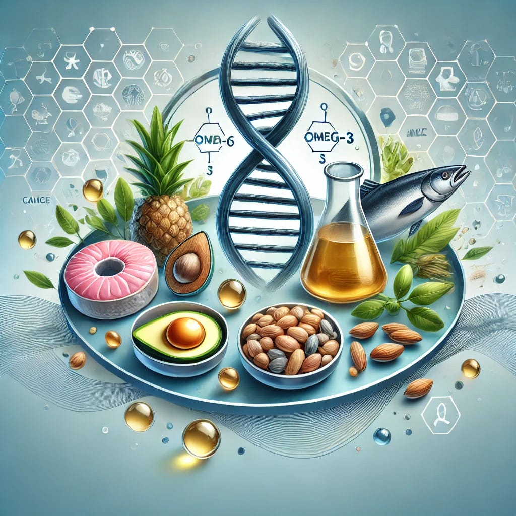 A visually engaging medical illustration showing omega-6 and omega-3 fatty acids sources, such as nuts, seeds, and fish, with an abstract depiction of cells symbolizing cancer research. The design is modern, clean, and professional, incorporating a balance of blue and green tones to evoke health and safety. The background is a subtle gradient, with icons of health and science subtly integrated.