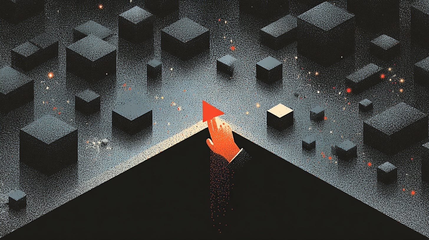 A surreal digital illustration of a hand reaching out from a dark void, touching a glowing red triangle that points upward. The hand and triangle stand out against a textured background filled with floating black cubes and small scattered lights, suggesting discovery or creation within a mysterious, abstract landscape. A surreal digital illustration of a hand reaching out from a dark void, touching a glowing red triangle that points upward. The hand and triangle stand out against a textured background filled with floating black cubes and small scattered lights, suggesting discovery or creation within a mysterious, abstract landscape.