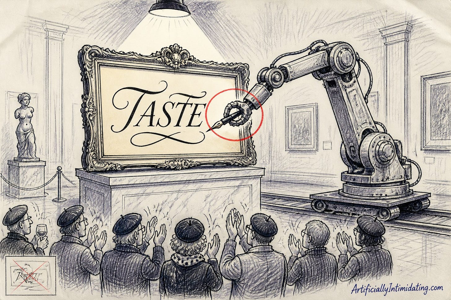 Editorial cartoon: in a museum gallery, a plain unbranded robot arm holds a fountain pen and writes the word TASTE in ornate calligraphy on a framed board, while a crowd of critics in berets applauds with their backs turned to the machine.
