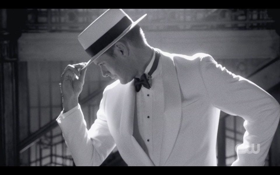 Jensen Ackles tap dancing in white suit hat Jensen Ackles tap dancing in white suit hat