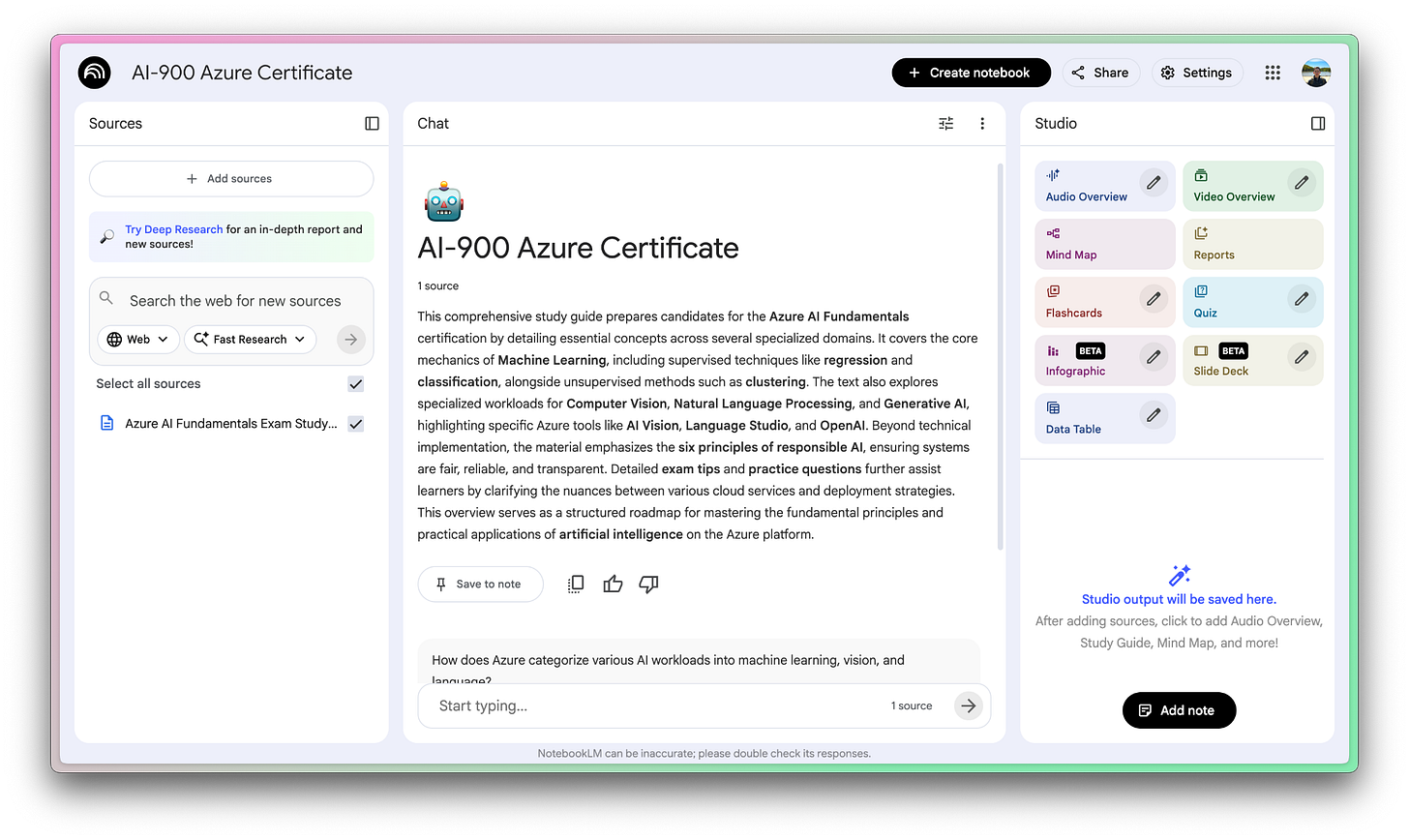 NotebookLM notebook showing just one plain text source