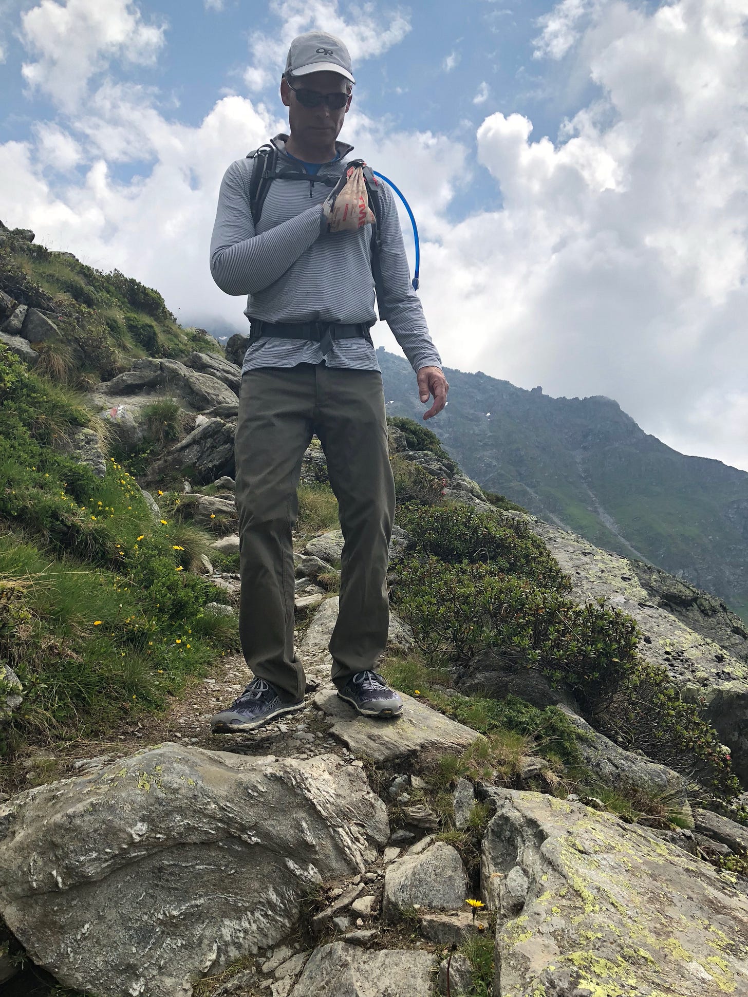 Chris did all this hiking with his arm in a makeshift sling; we should suggest that Buff add another application to the multiple uses of their product!