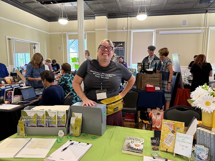 Two images of a woman standing at a table with a grin
