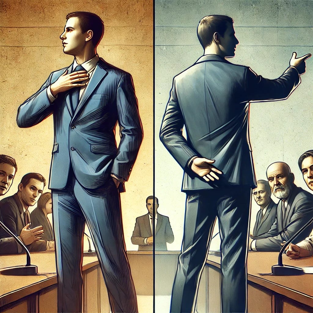 An image with two panels side by side, focusing on the people. In the first panel, a confident CEO stands proudly, gesturing with confidence, giving a speech. The posture and expression of the CEO exude pride and accomplishment. In the second panel, the same CEO appears defensive, gesturing towards others with frustration or pointing blame, showing a more tense expression. The background remains a boardroom or press conference setting, with the visual emphasis on the CEO's body language and expressions, highlighting the self-serving bias through the contrast in their demeanor.