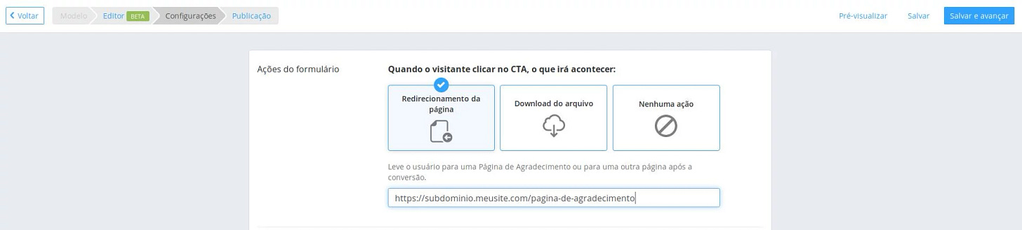 Page redirect enabled and destination page address configured.