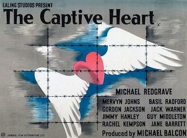 Promotional billboard for the movie “The Captive Heart” showing a red heart with white wings breaking grey clouds with a clear blue sky behind and listing the cast members for the film.