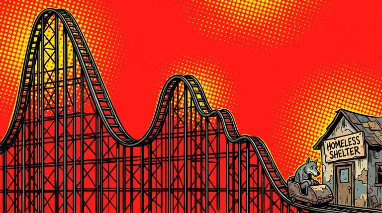 A roller coaster shaped like our subscriber graph ending with a gray wolf parked at a homeless shelter A roller coaster shaped like our subscriber graph ending with a gray wolf parked at a homeless shelter