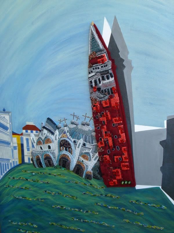 beaded St. Marks Square painting Sq. bead embroidery mixed media Venice Italy Basilica Campanile thelonebeader seed beads beaded St. Marks Square painting Sq. bead embroidery mixed media Venice Italy Basilica Campanile thelonebeader seed beads
