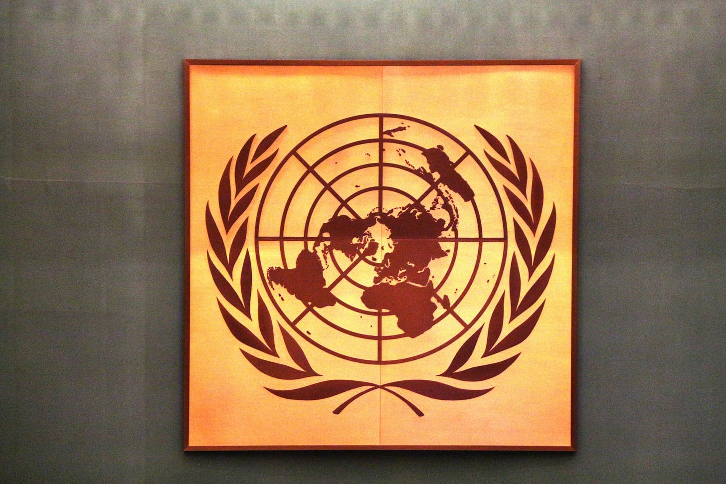 Fotografia em cores de quadro com o símbolo da ONU.