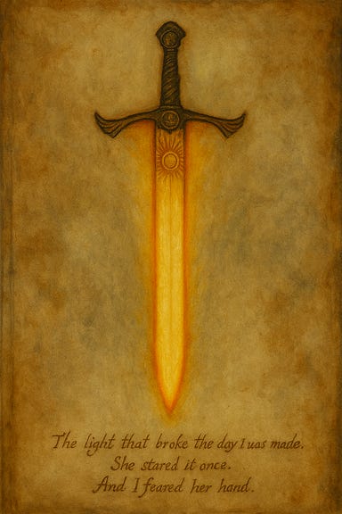 An illustration of a page from the Tome of Strahd depicting the legendary Sunsword. The page is aged parchment, edges frayed and stained, with Strahd’s handwriting scrawled in dark ink beneath the image. The sword is drawn in delicate but defiant lines: its hilt crowned with a rising sun framed by outstretched wings, the blade gleaming even in illustration as if radiating light. The ink around the blade appears to shimmer, casting faint illumination on the parchment. Marginal notes in Strahd’s hand describe his fear of the weapon, written in sharp, angular script. The atmosphere is gothic and reverent, as though the page itself resists the surrounding darkness.