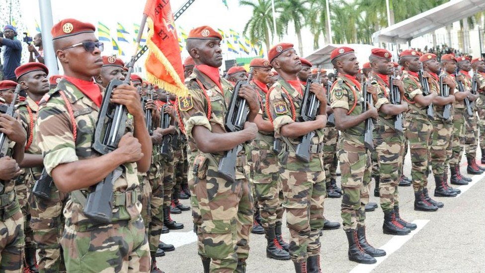 Soldiers stand attention during the inauguration of Gabon's military junta General Brice Oligui Nguema as interim president in Libreville, Gabon, 04 September 2023 Soldiers stand attention during the inauguration of Gabon's military junta General Brice Oligui Nguema as interim president in Libreville, Gabon, 04 September 2023
