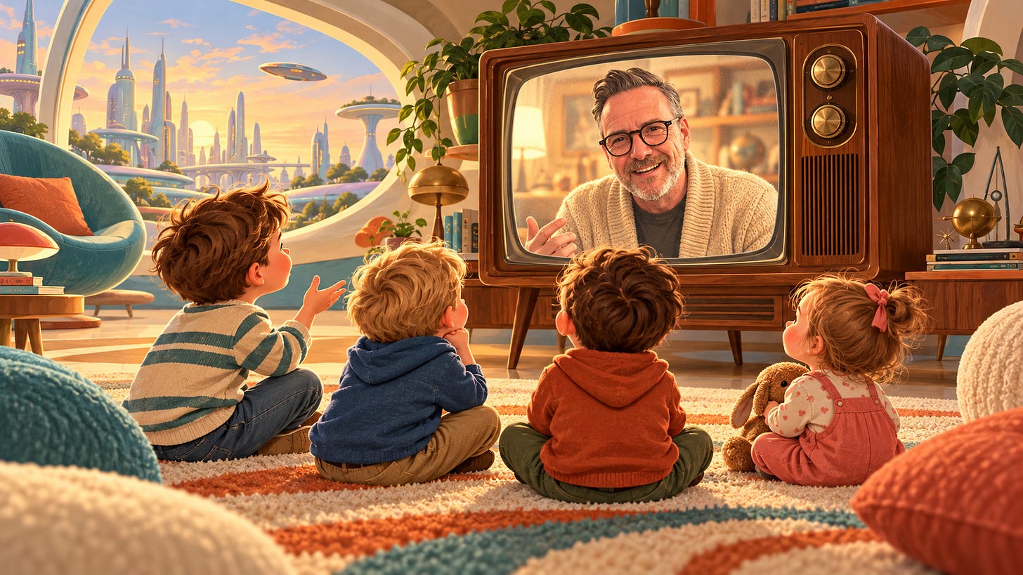 Concept illustration of four grandchildren talking with their grandfather on a retro television in a futuristic room.