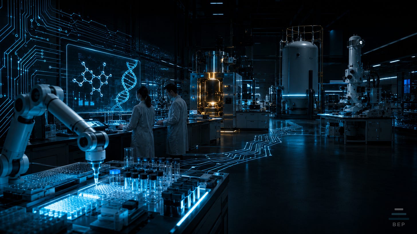 A luminous cyan silicon wafer and circuit traces on the left flowing rightward and resolving into a glowing DNA double helix and a molecule over a dark laboratory bench, drawn as one continuous system.