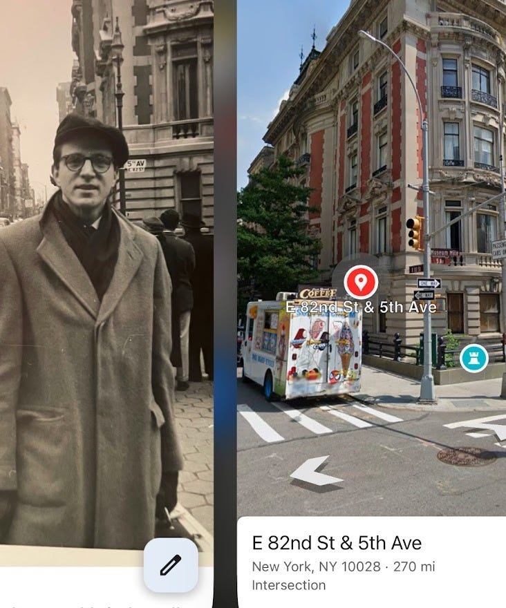 Two images side by side. The same image of the man with a color image of the same street corner with a parked ice cream truck. The color image is labeled E 82nd and 5th Avenue, New York, NY, 10028, intersection, 270 miles.