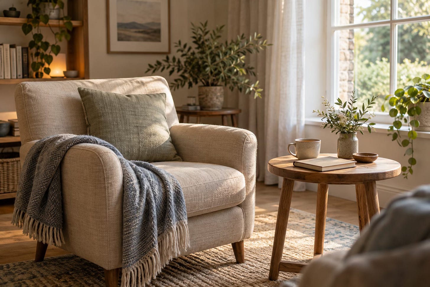 Calm chair and small table in a softly lit room, suggesting private support and space to reflect.