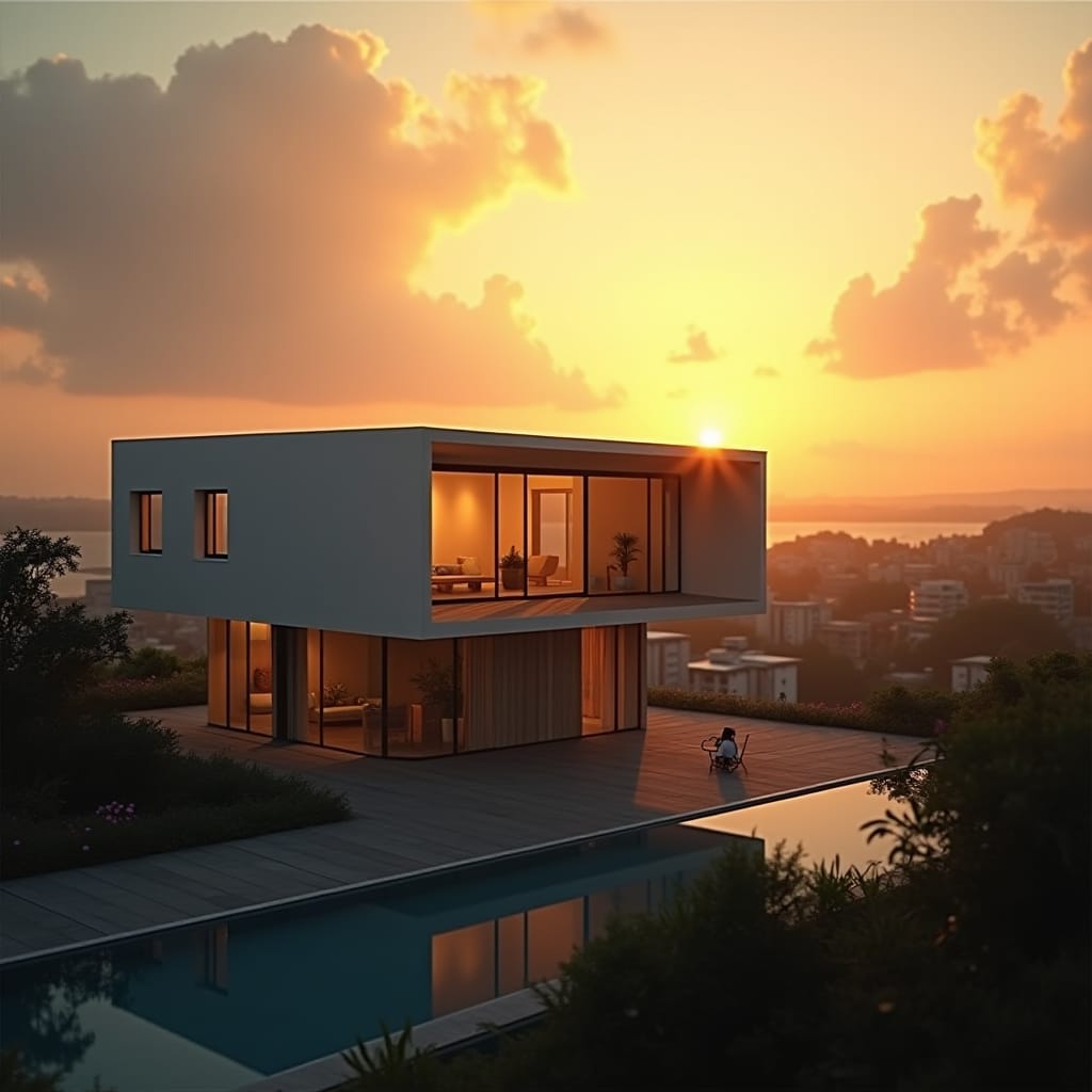 A modern, sleek modular prefab home stands alone in the vibrant cityscape of Kingston, Jamaica, bathed in warm, golden light of the Caribbean sunset