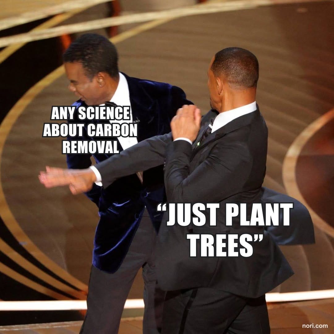 Still from the 2022 Oscars slap. The man swinging is labelled "Any science about carbon removal"; the man being slapped is labelled "'Just plant trees'".