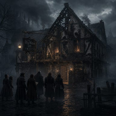 Blue Water Inn in Vallaki at nightfall, half‑repaired after fire damage, scorch marks on walls, splintered beams, boarded windows, faint candlelight glowing inside, Barovian Gothic atmosphere with mist curling around the structure
