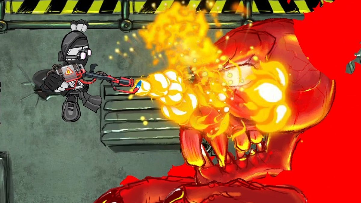 Hank fighting Tricky with a flamethrower while dangling from the ceiling