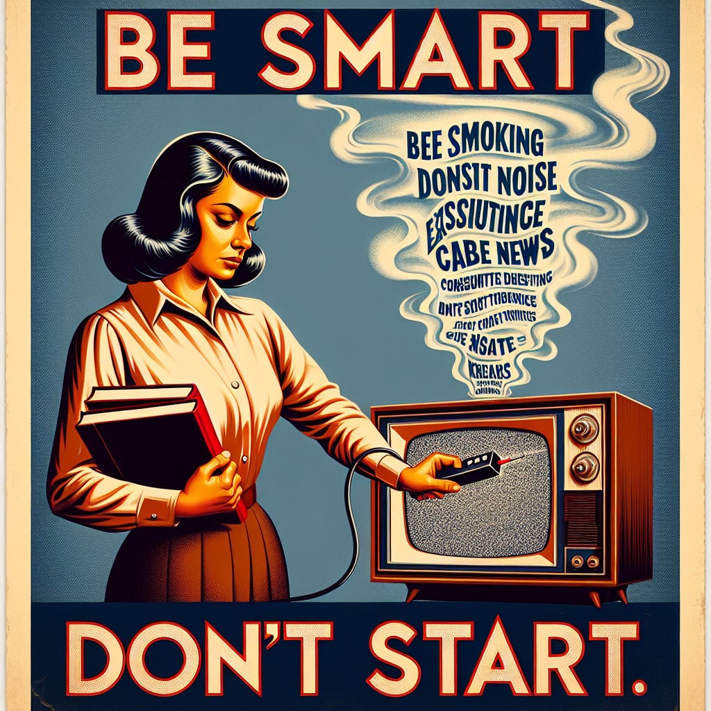 a "be smart don't start" public service announcement for cable news consumption instead of smoking cigarettes a "be smart don't start" public service announcement for cable news consumption instead of smoking cigarettes