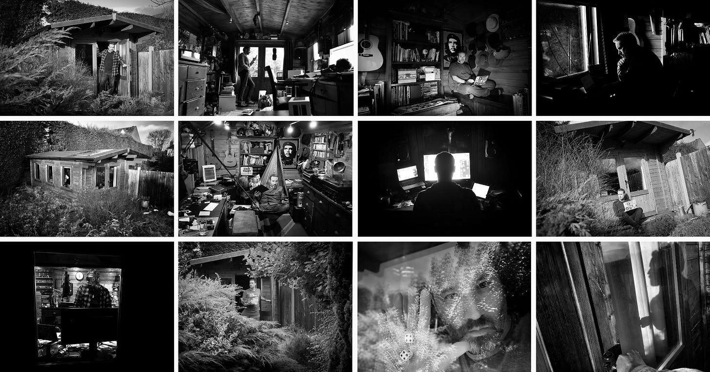 A montage of photos taken over the years of me writing this newsletter. I have written things from a number of countries but mainly from the shed. 