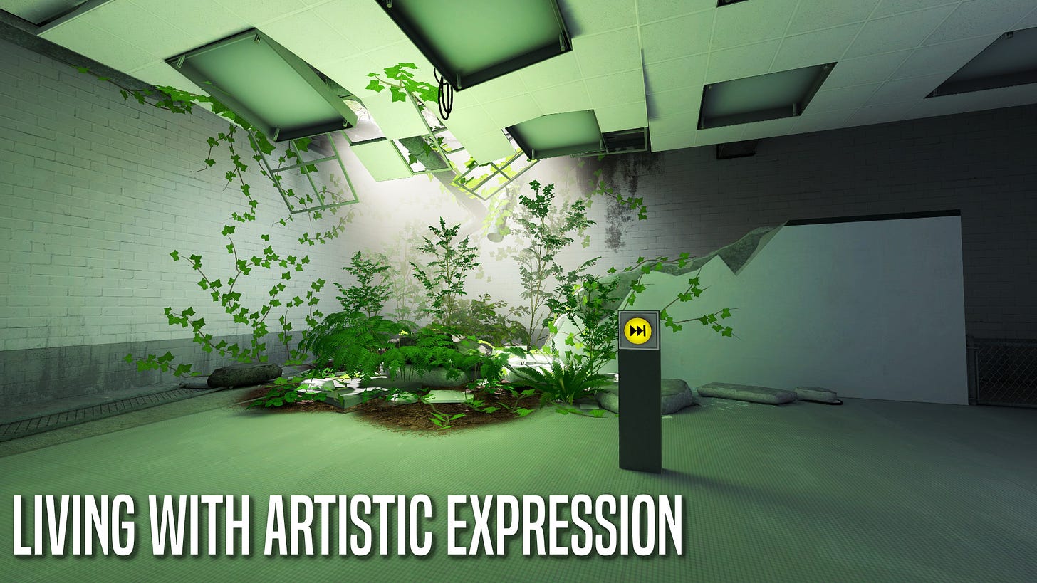 A scene from 'The Stanley Parable: Ultra Deluxe Edition' of a skip button in a decaying green room.