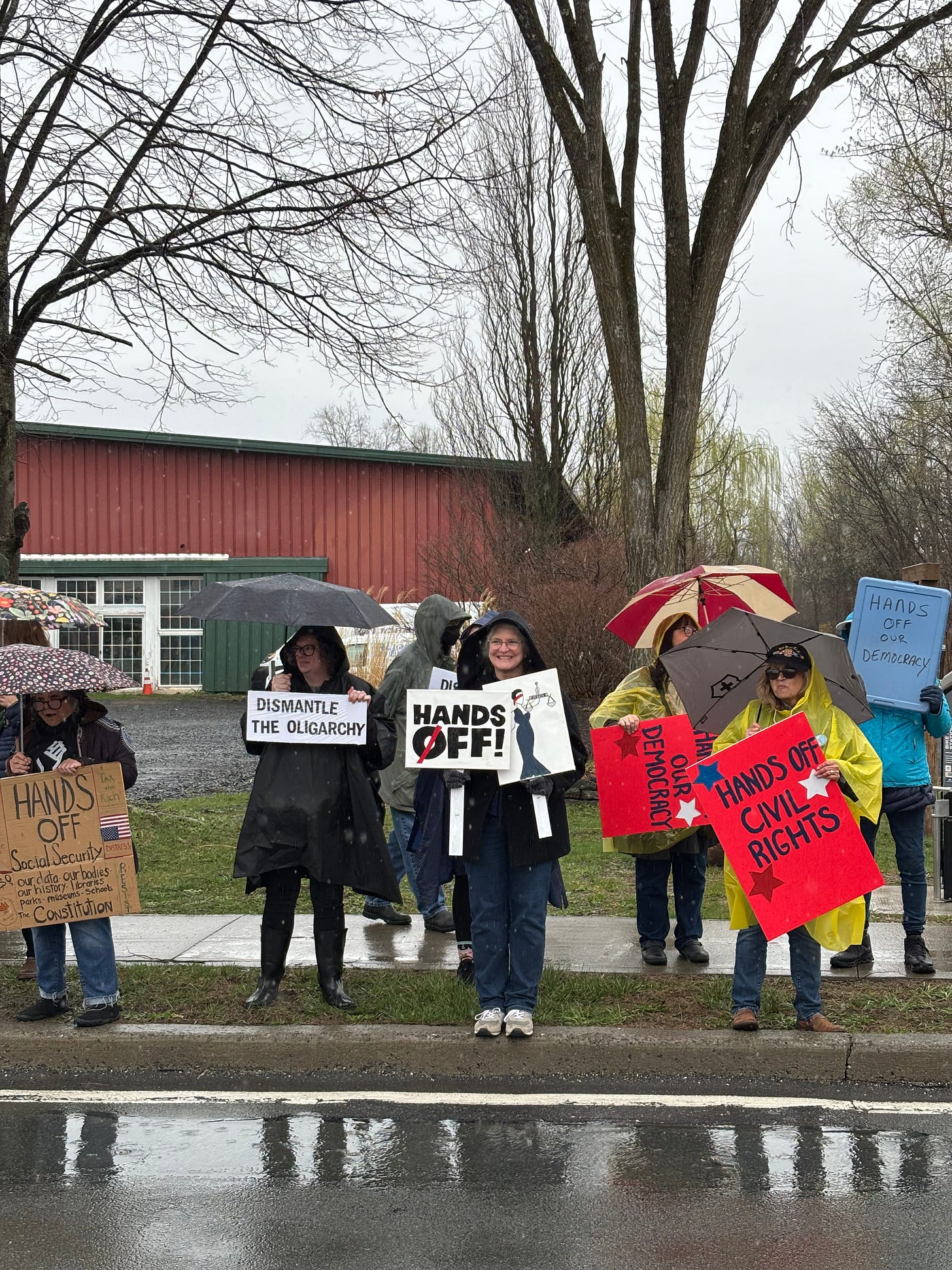 Hands Off! demonstration in Gardiner with signs including "Dismantle the Oligarchy" and "Hands Off Civil Rights"