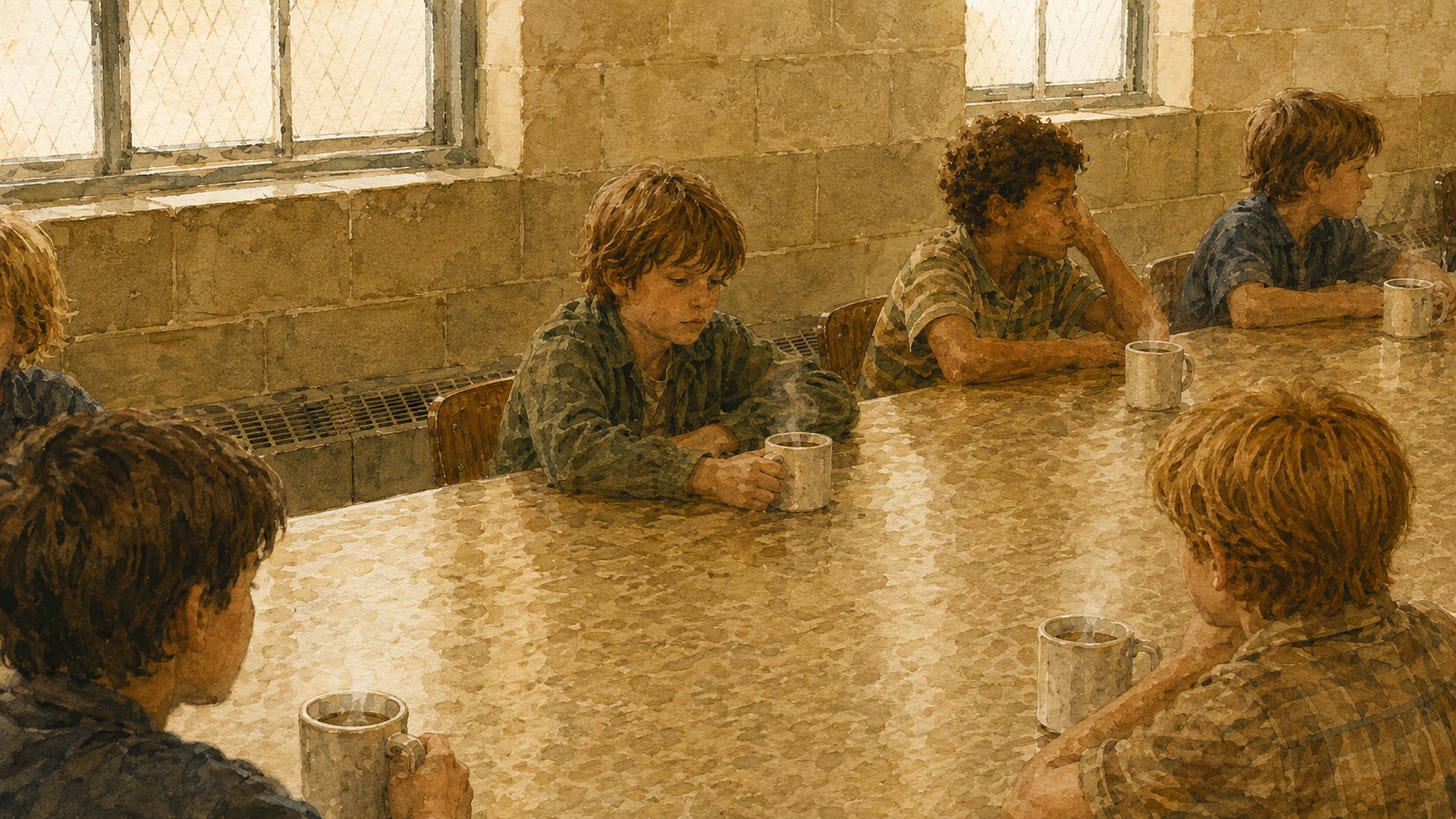 Watercolor painting of an institutional dayroom in the early 1970s. Boys of about eight to twelve sit along both sides of a long formica table that runs out of the frame, each with a steaming metal cup in front of him. Cinderblock walls, wire-mesh windows, a radiator. No adults are present. The boys look bored and unremarkable.