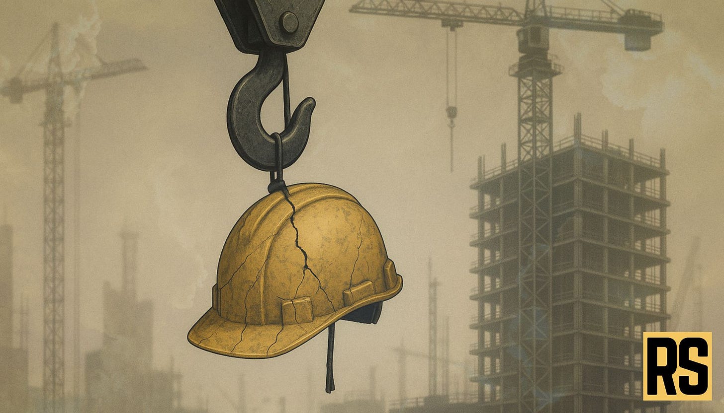 A cracked and broken construction helmet hangs from a crane hook. In the background Tower Cranes are helping to assemble new building construction.