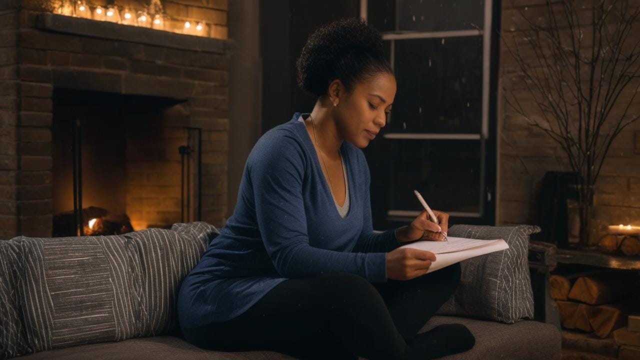 African American woman sitting in an urban  room sitting on the couch while writing a letter with a wintry rain night no tree by fireplace