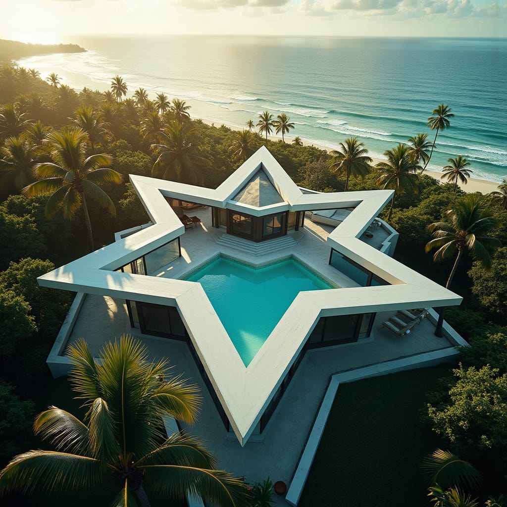 A luxurious, modern prefab house in Jamaica, shaped like a star, nestled among palm trees and a pristine beach line, with a gleaming star-shaped swimming pool at its center. The structure's sleek, angular lines and minimalist aesthetic evoke a sense of futuristic elegance, while the lush surroundings bring a touch of tropical paradise. Captured as a cinematic film still, shot on the renowned v-raptor XL, the image exudes a cinematic quality, with a warm film grain, subtle vignette, and meticulous color grading that adds depth and nuance to the scene.