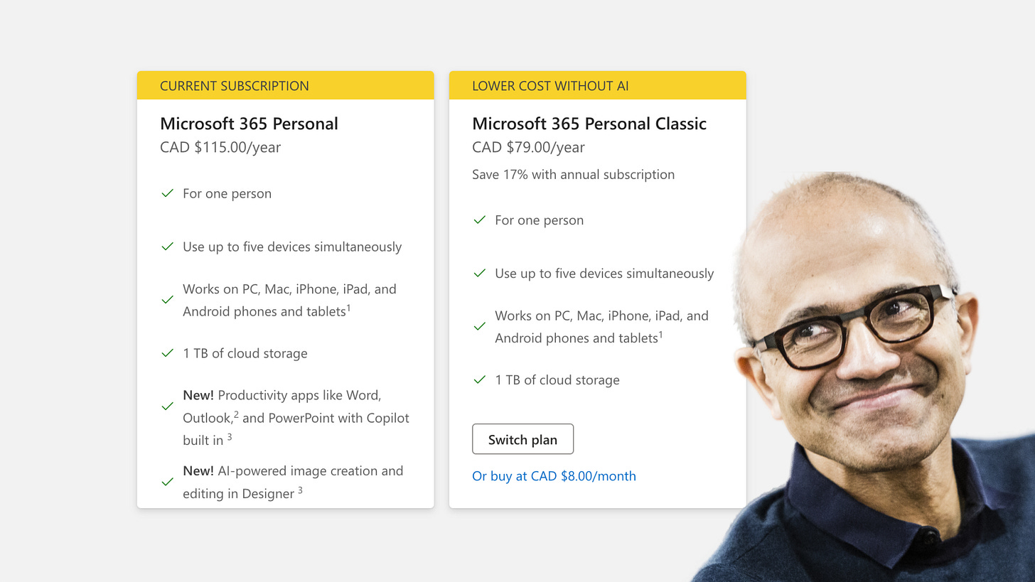 Microsoft 365 pricing options with a photo of Satya Nadella smiling Microsoft 365 pricing options with a photo of Satya Nadella smiling
