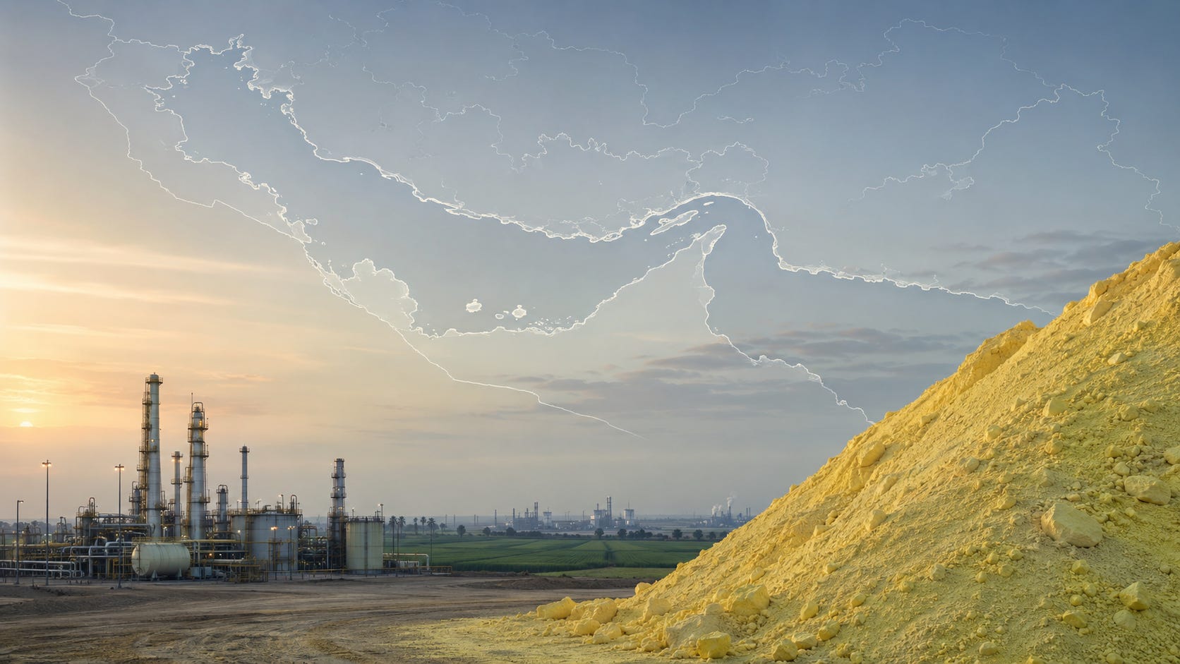 Yellow sulfur pile beside fossil fuel infrastructure with the Strait of Hormuz in the background, representing sulfur supply risk for fertilizer and mineral processing.